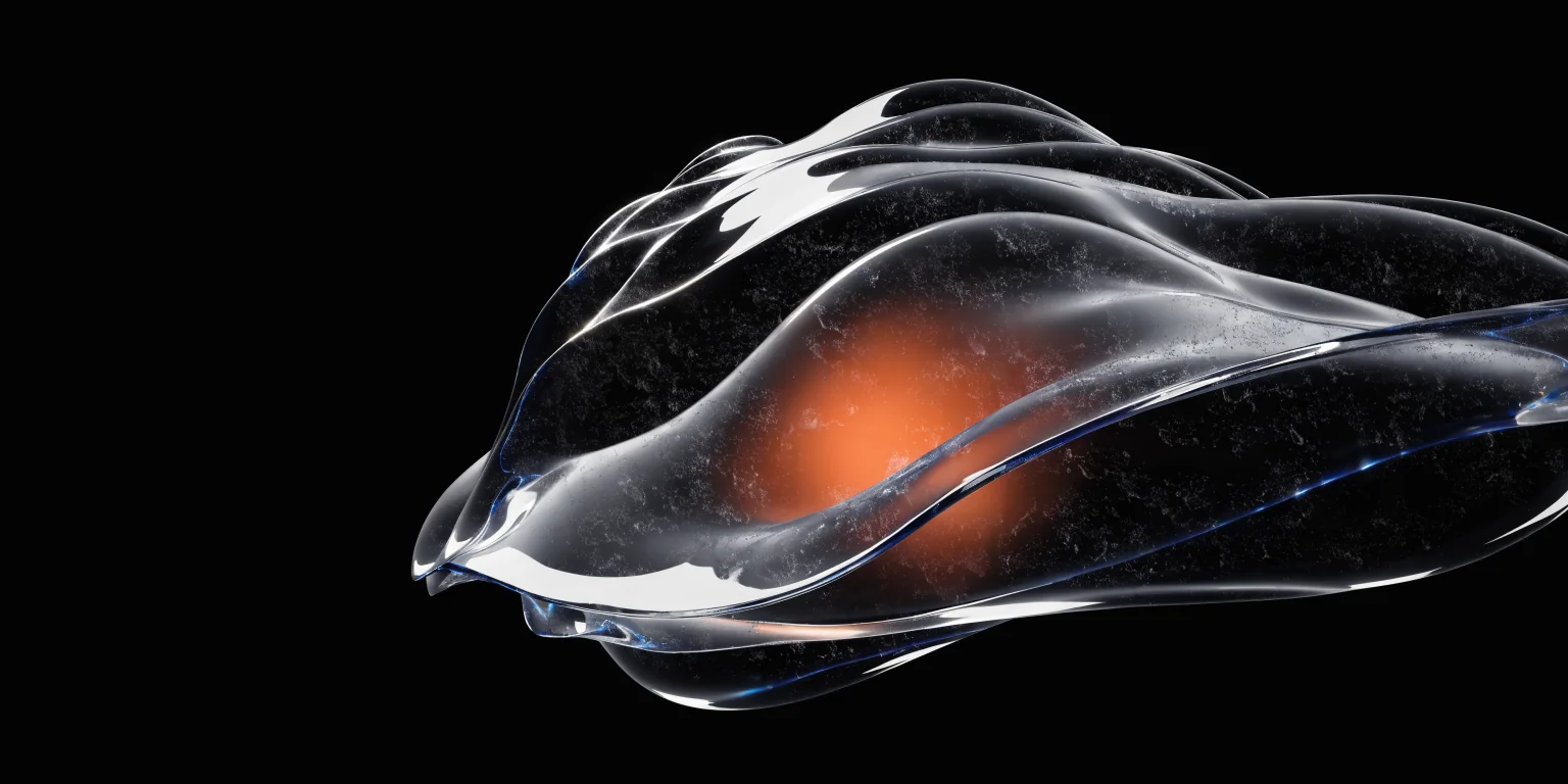 Ein schwebender, transparenter Mineralkörper mit orange glühendem Kern im schwarzen Raum.