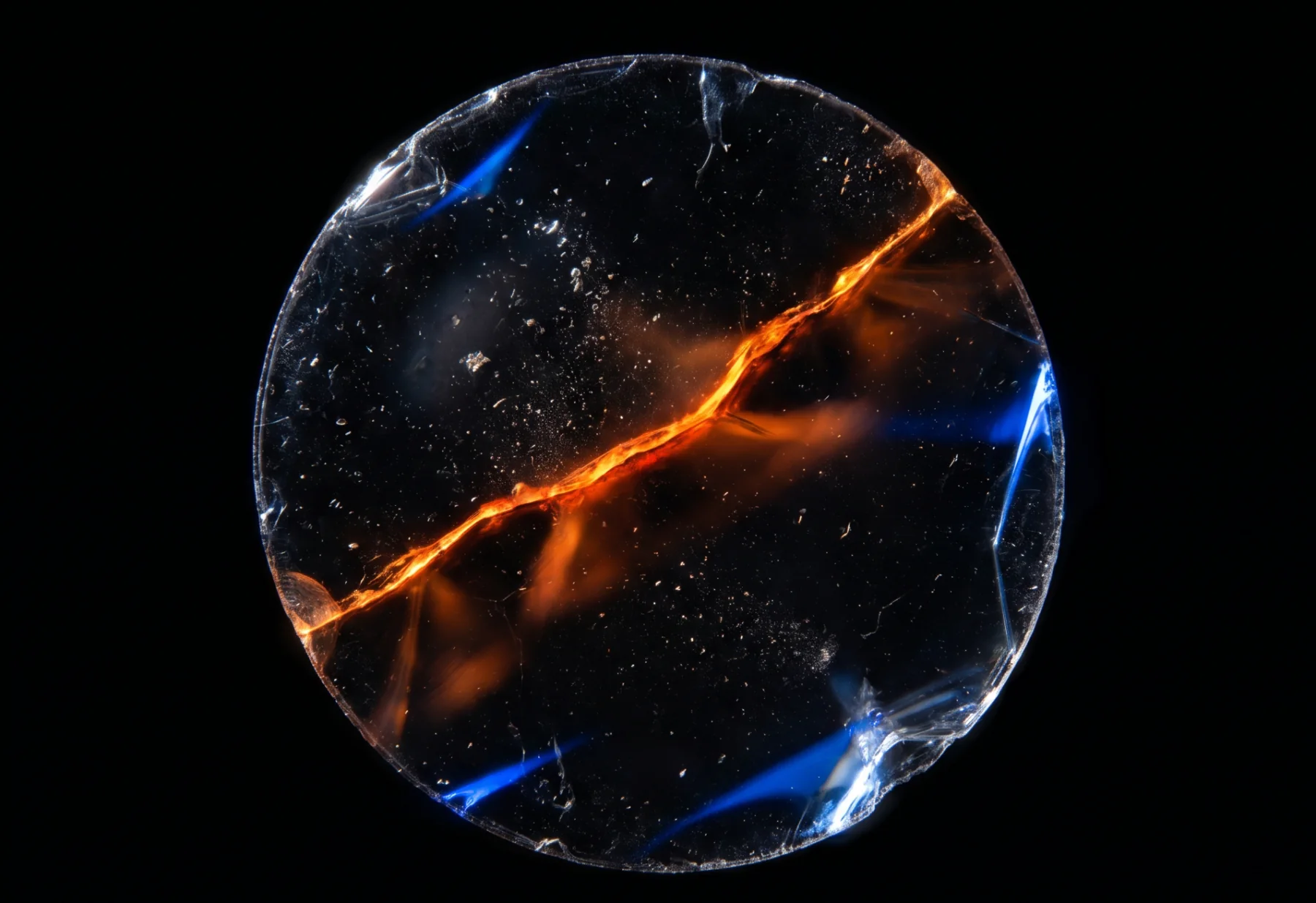 Eine runde Scheibe aus schwarzem transparentem Mineral, geteilt von einer glühenden orangefarbenen Fissur.